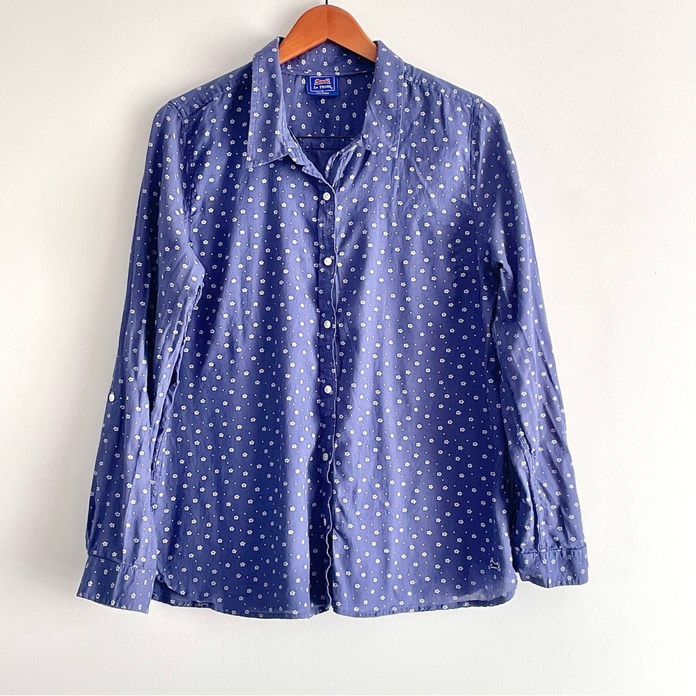 Le Tigre Cotton Blouse Women’s Long Sleeve Shirt Size XL Floral Blue